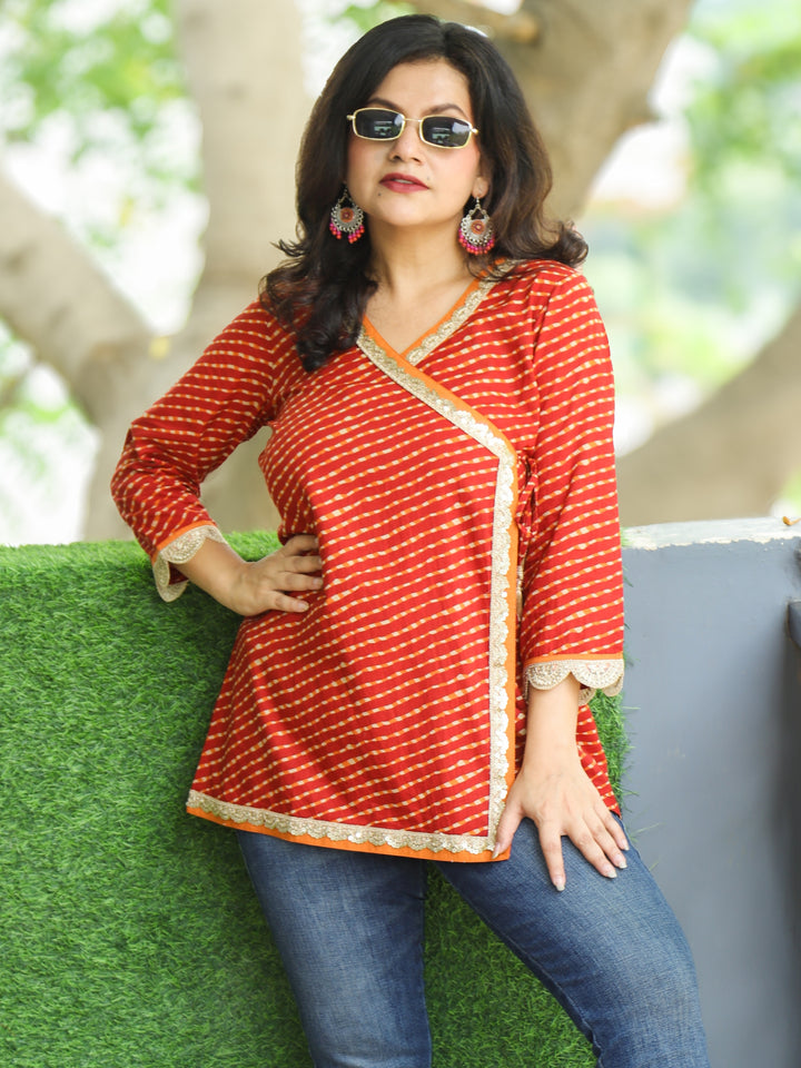 Chashni Rust Red Angrakha Embellish Lace Work Leheriya Print Short Cotton Kurti