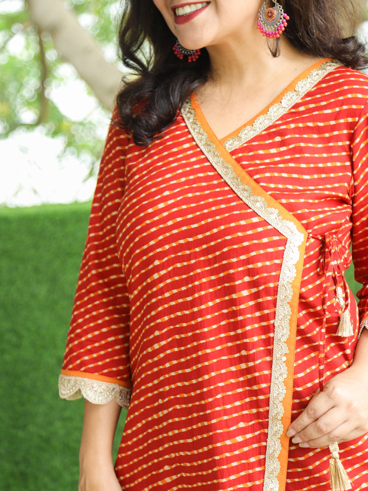 Chashni Rust Red Angrakha Embellish Lace Work Leheriya Print Short Cotton Kurti
