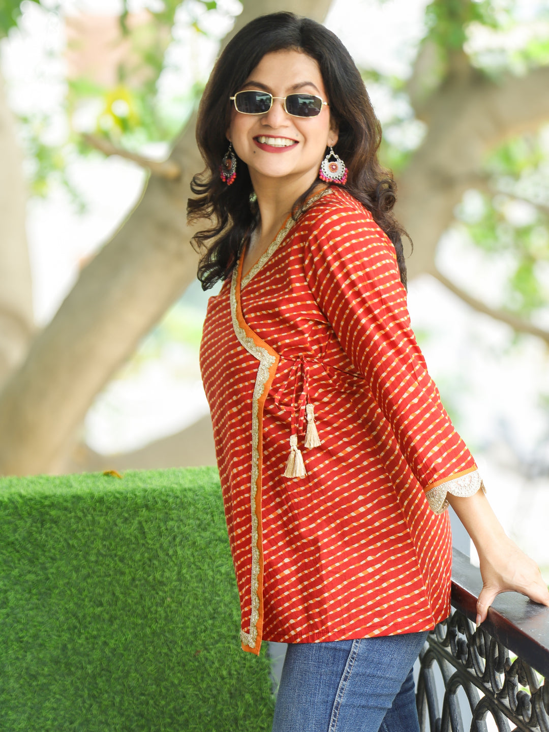 Chashni Rust Red Angrakha Embellish Lace Work Leheriya Print Short Cotton Kurti