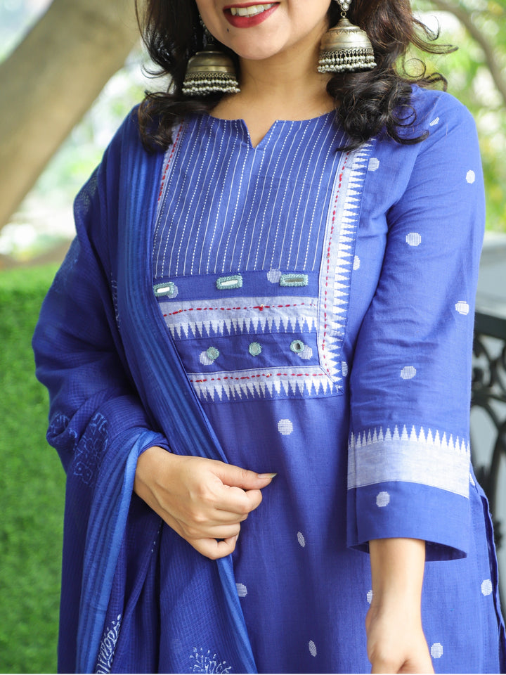 Sadka Ink Blue in Running Stitch Yoke with Mirror in Weaved South Cotton 3 Piece Set