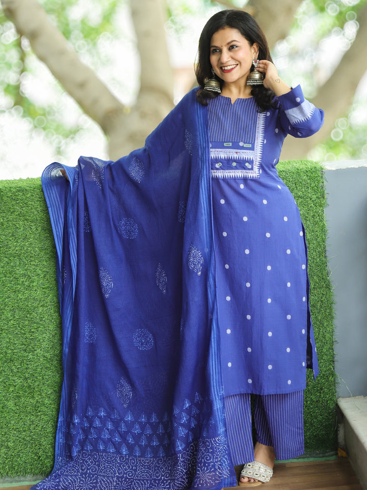 Sadka Ink Blue in Running Stitch Yoke with Mirror in Weaved South Cotton 3 Piece Set