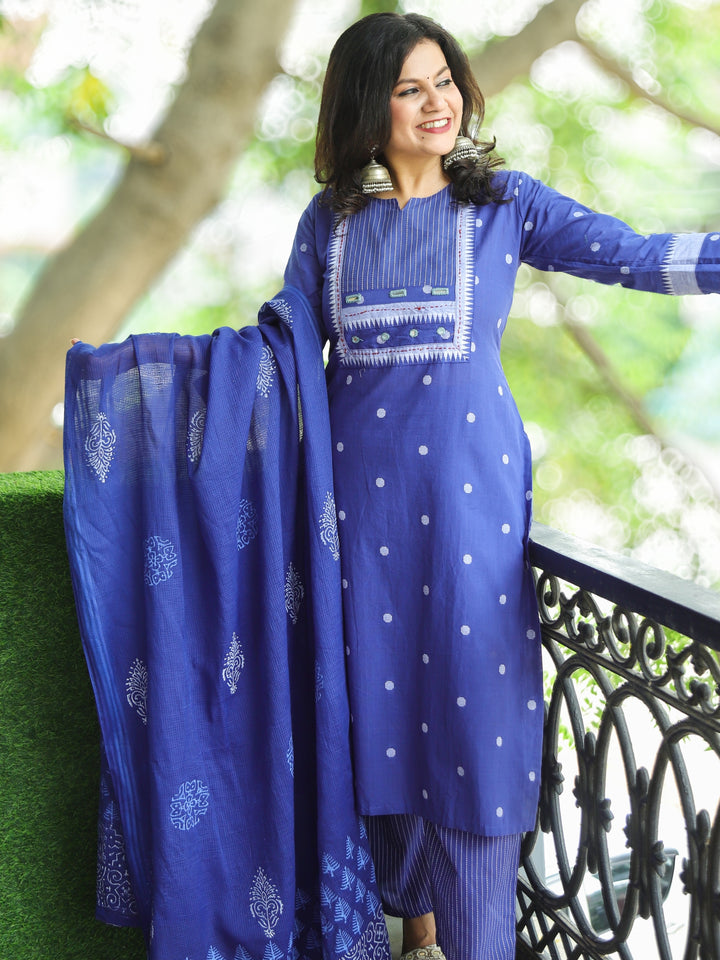 Sadka Ink Blue in Running Stitch Yoke with Mirror in Weaved South Cotton 3 Piece Set