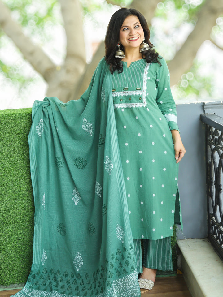 Sadka Vintage Sage in Running Stitch Yoke with Mirror in Weaved South Cotton 3 Piece Set