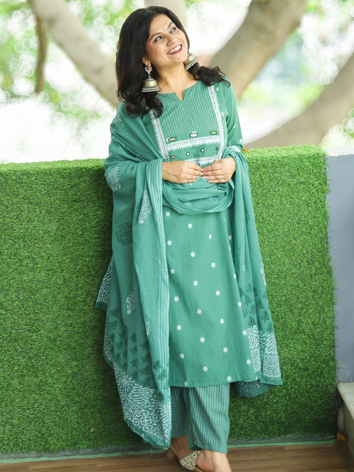 Sadka Vintage Sage in Running Stitch Yoke with Mirror in Weaved South Cotton 3 Piece Set
