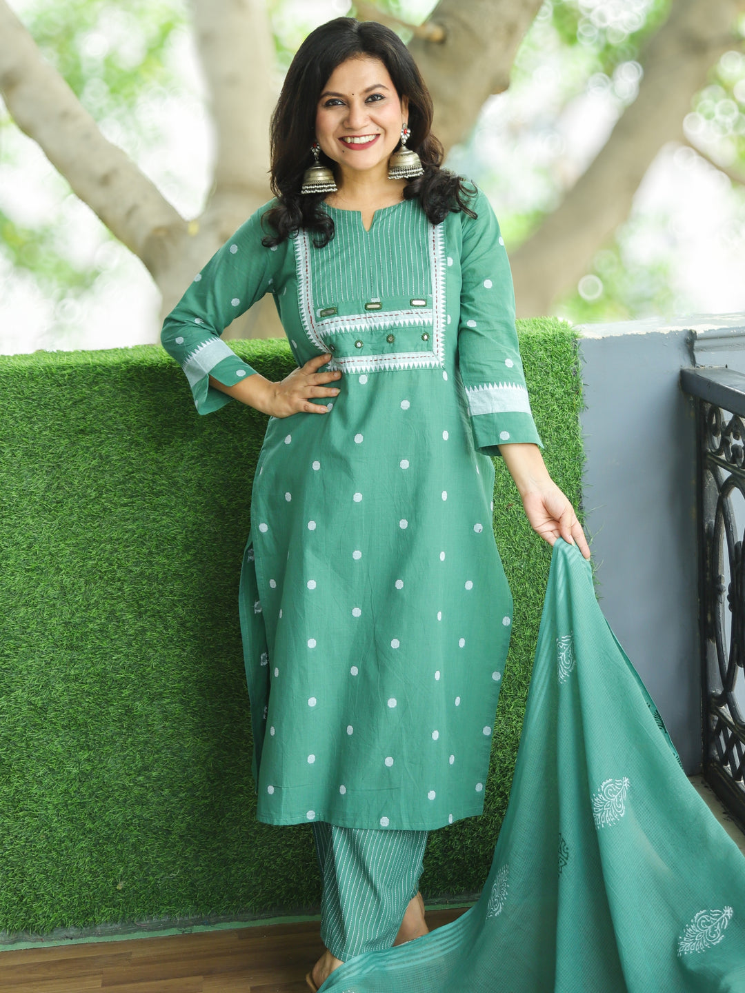 Sadka Vintage Sage in Running Stitch Yoke with Mirror in Weaved South Cotton 3 Piece Set
