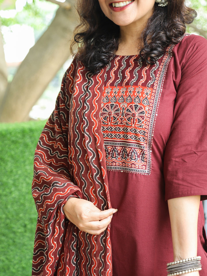 Halchal Burgundy Wine Mirror in Ajrak Printed with Kantha Detailing Cotton 3 Piece Set