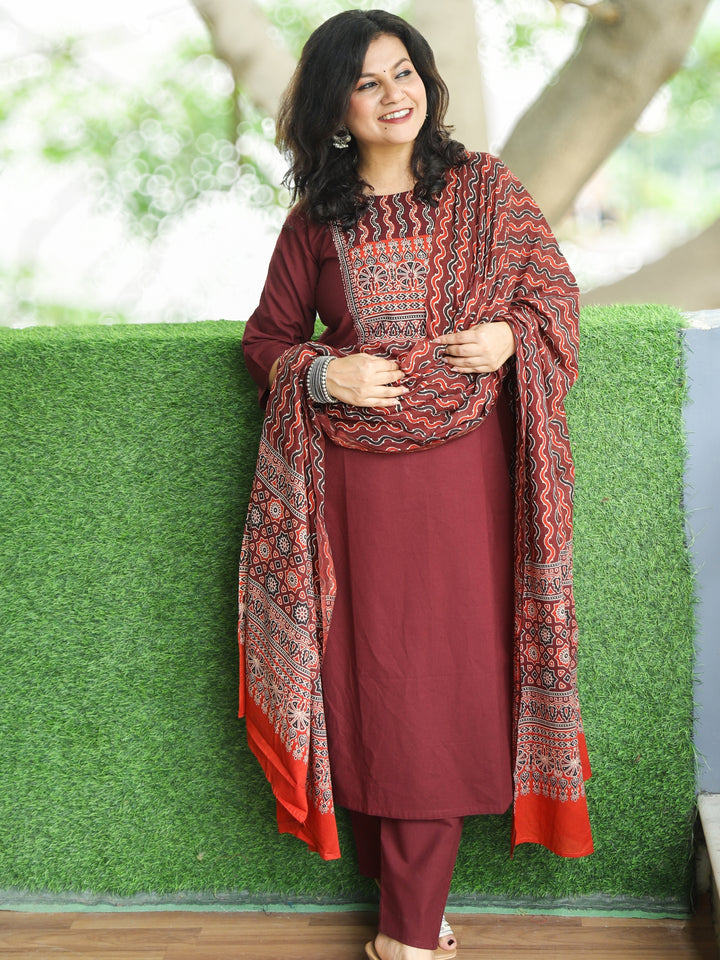 Halchal Burgundy Wine Mirror in Ajrak Printed with Kantha Detailing Cotton 3 Piece Set