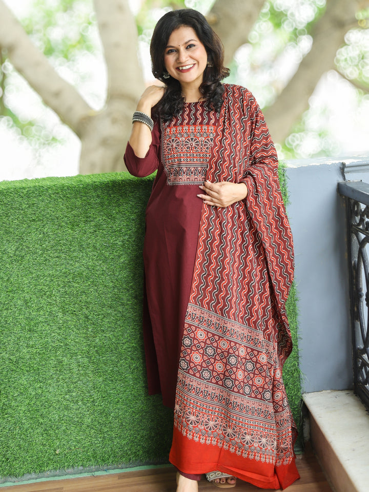 Halchal Burgundy Wine Mirror in Ajrak Printed with Kantha Detailing Cotton 3 Piece Set