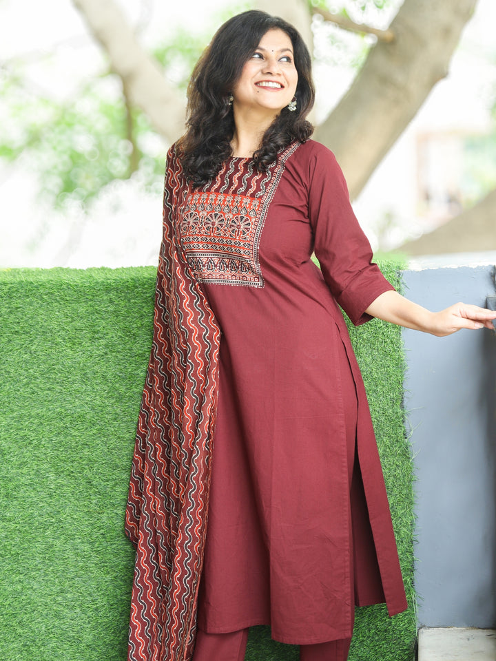 Halchal Burgundy Wine Mirror in Ajrak Printed with Kantha Detailing Cotton 3 Piece Set