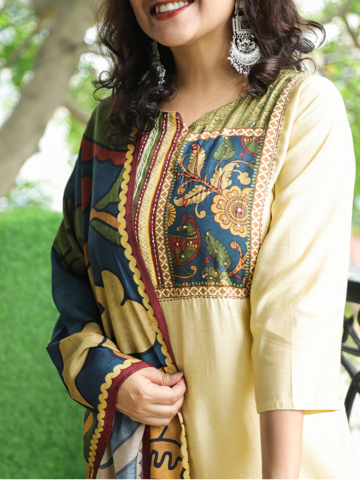 Halchal Tuscan Beige Printed Necline with Kantha Detailing Modal 3 Piece Set