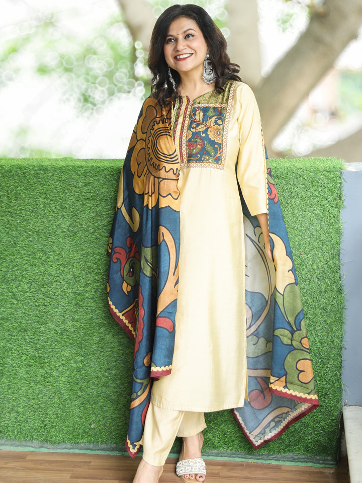 Halchal Tuscan Beige Printed Necline with Kantha Detailing Modal 3 Piece Set