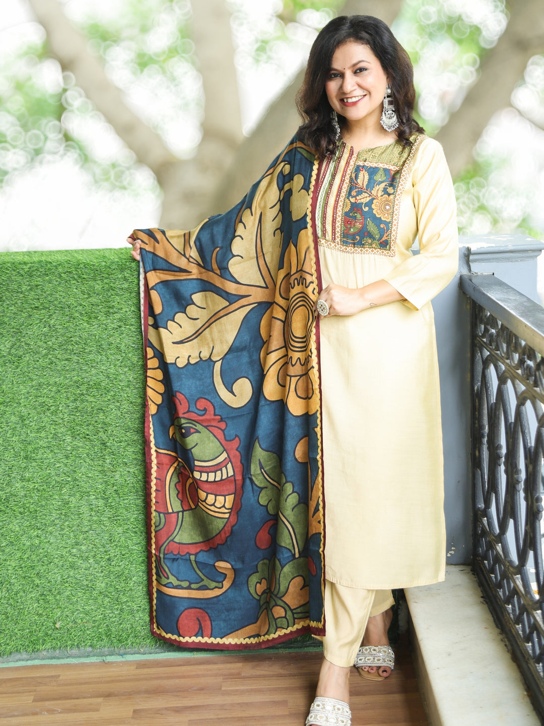 Halchal Tuscan Beige Printed Necline with Kantha Detailing Modal 3 Piece Set