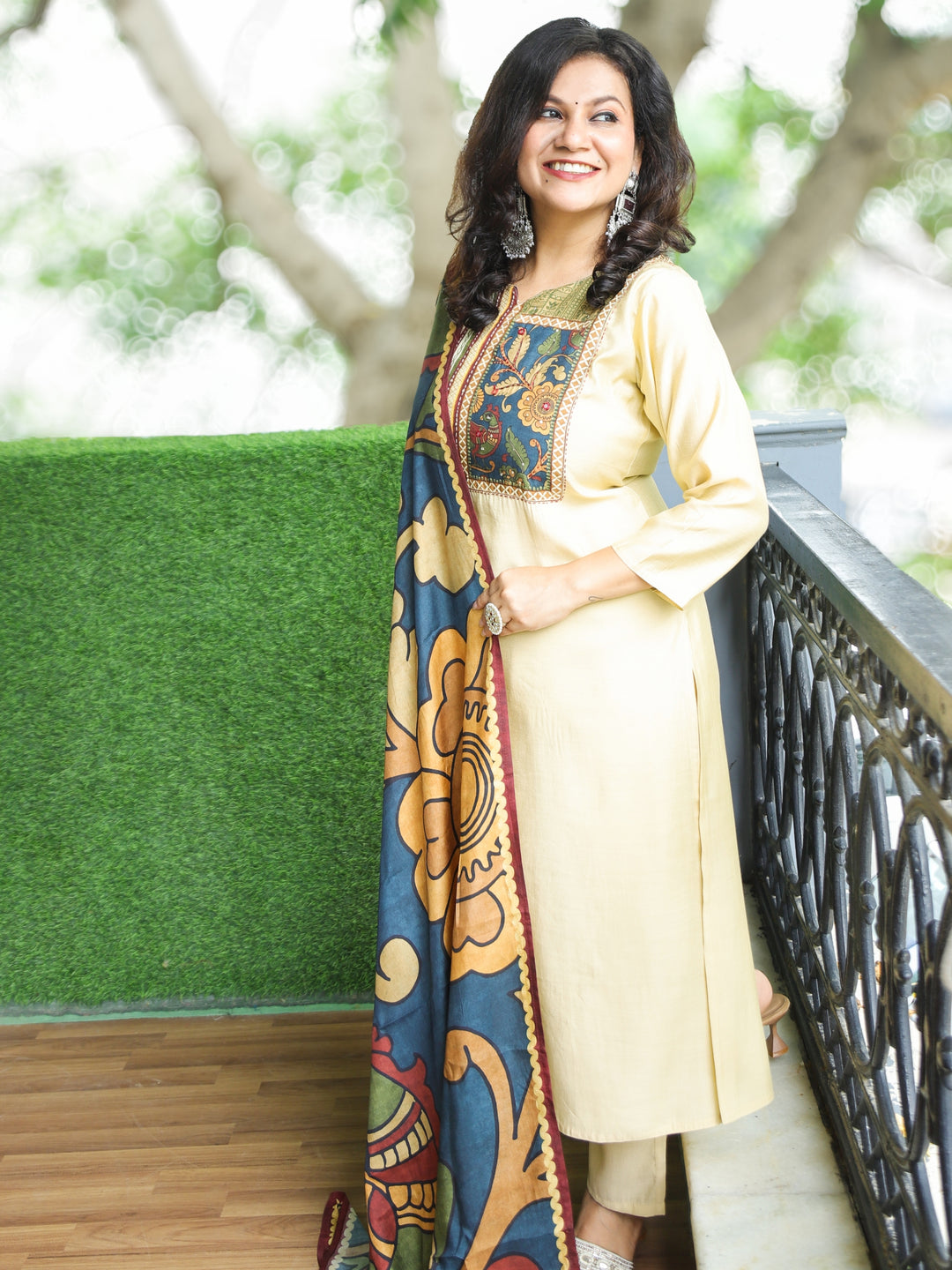 Halchal Tuscan Beige Printed Necline with Kantha Detailing Modal 3 Piece Set