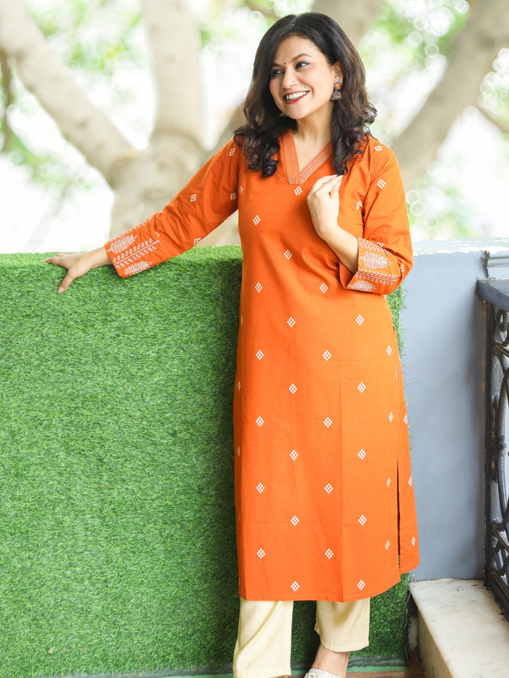 Halchal Tangerine Rust  V Neck with All Over Pigment Print Work Cotton Kurti