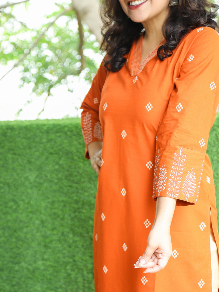 Halchal Tangerine Rust  V Neck with All Over Pigment Print Work Cotton Kurti