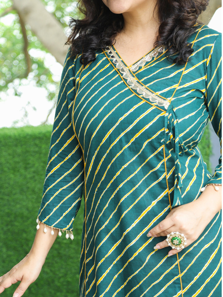 Lehar Sacramento Green Angrakha Neck with Mirror Lace in leheriya Print Cotton Kurti