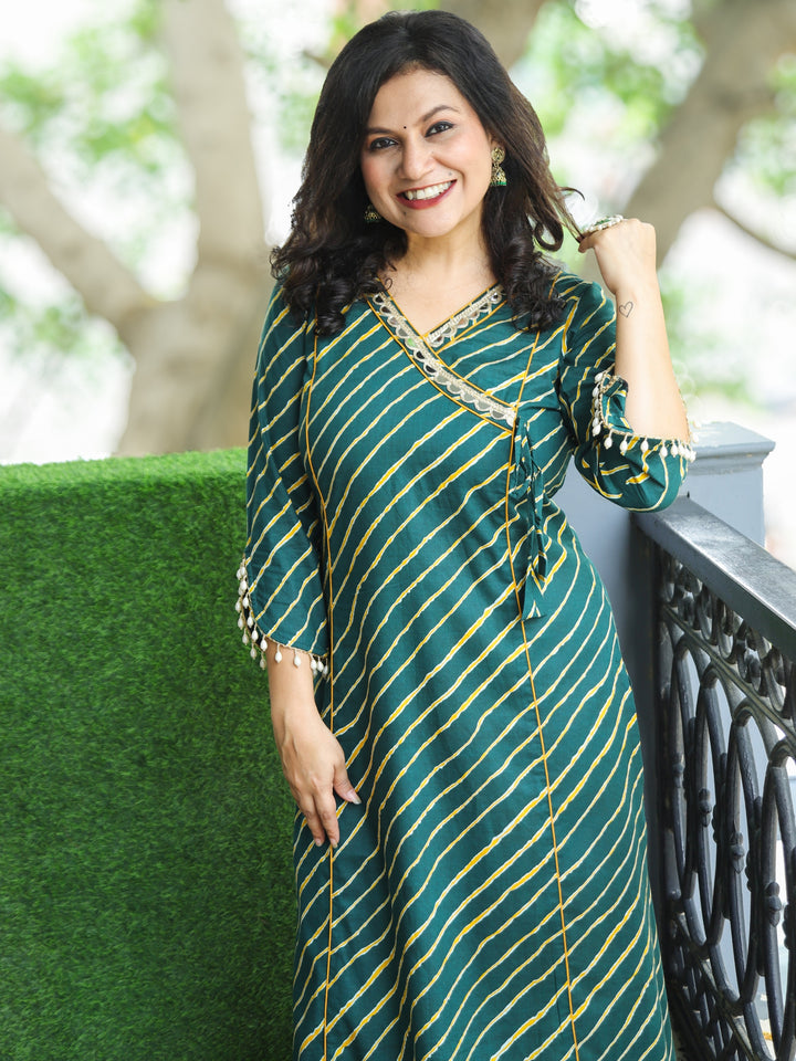 Lehar Sacramento Green Angrakha Neck with Mirror Lace in leheriya Print Cotton Kurti