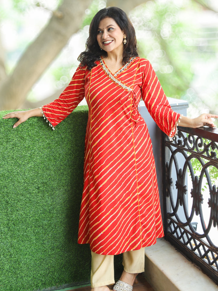 Lehar Bright Red Angrakha Neck with Mirror Work Lace in leheriya Print Cotton Kurti