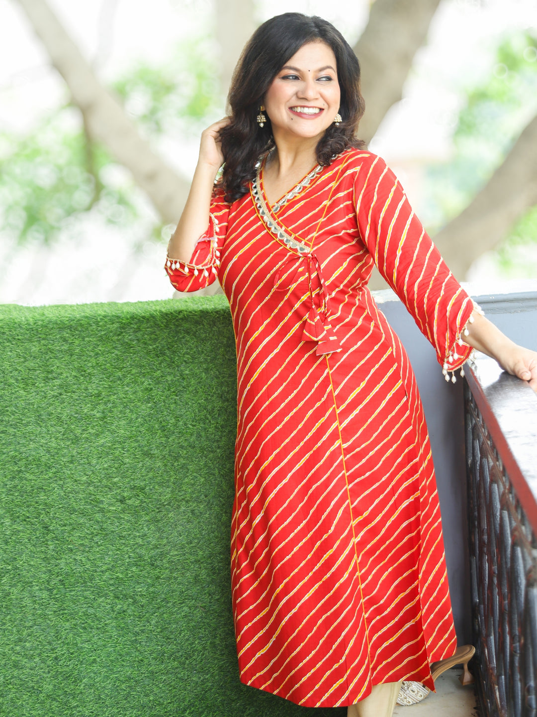 Lehar Bright Red Angrakha Neck with Mirror Work Lace in leheriya Print Cotton Kurti
