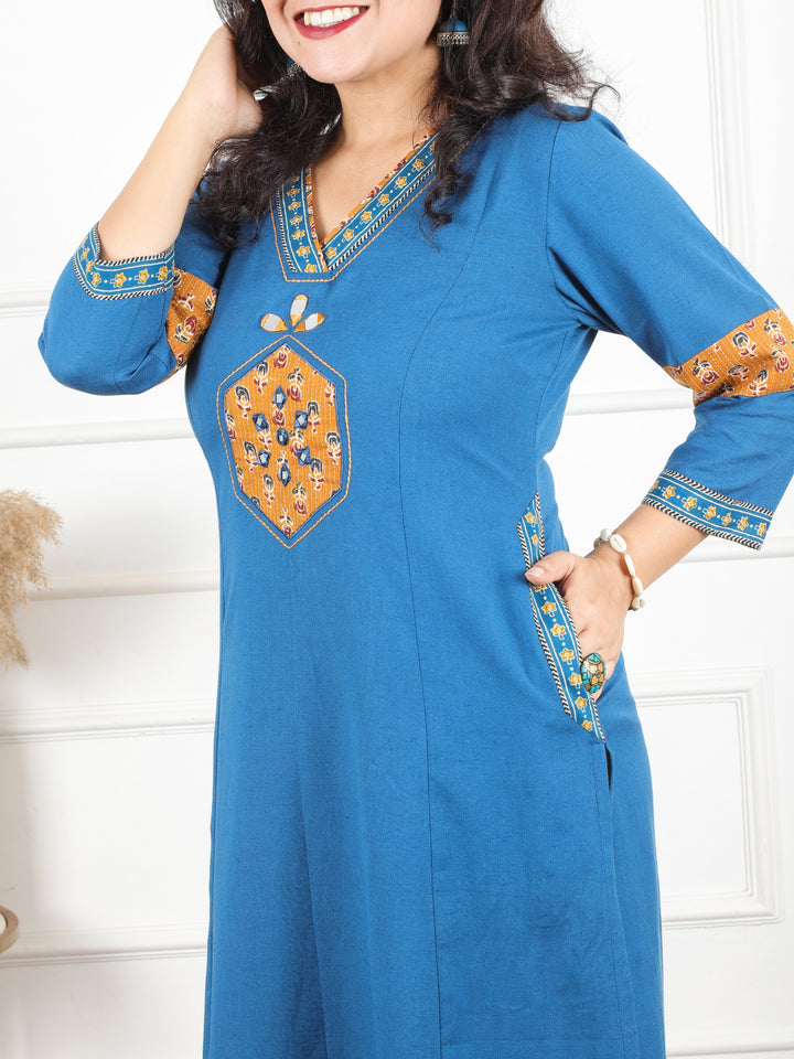 Jhalak Prussina Blue V Neck Mirror Work on Ajrak Print Patch Cotton Kurti with Pocket