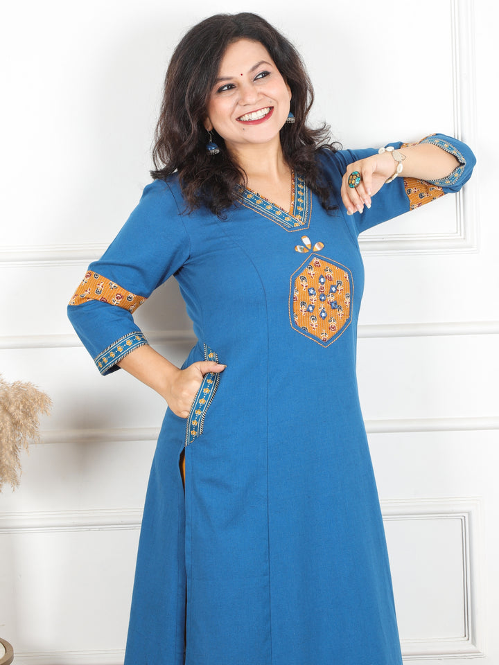 Jhalak Prussina Blue V Neck Mirror Work on Ajrak Print Patch Cotton Kurti with Pocket