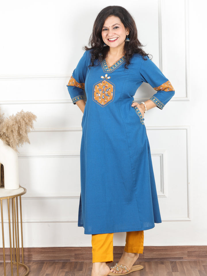 Jhalak Prussina Blue V Neck Mirror Work on Ajrak Print Patch Cotton Kurti with Pocket
