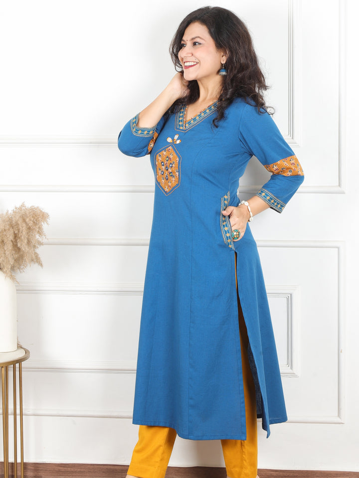 Jhalak Prussina Blue V Neck Mirror Work on Ajrak Print Patch Cotton Kurti with Pocket