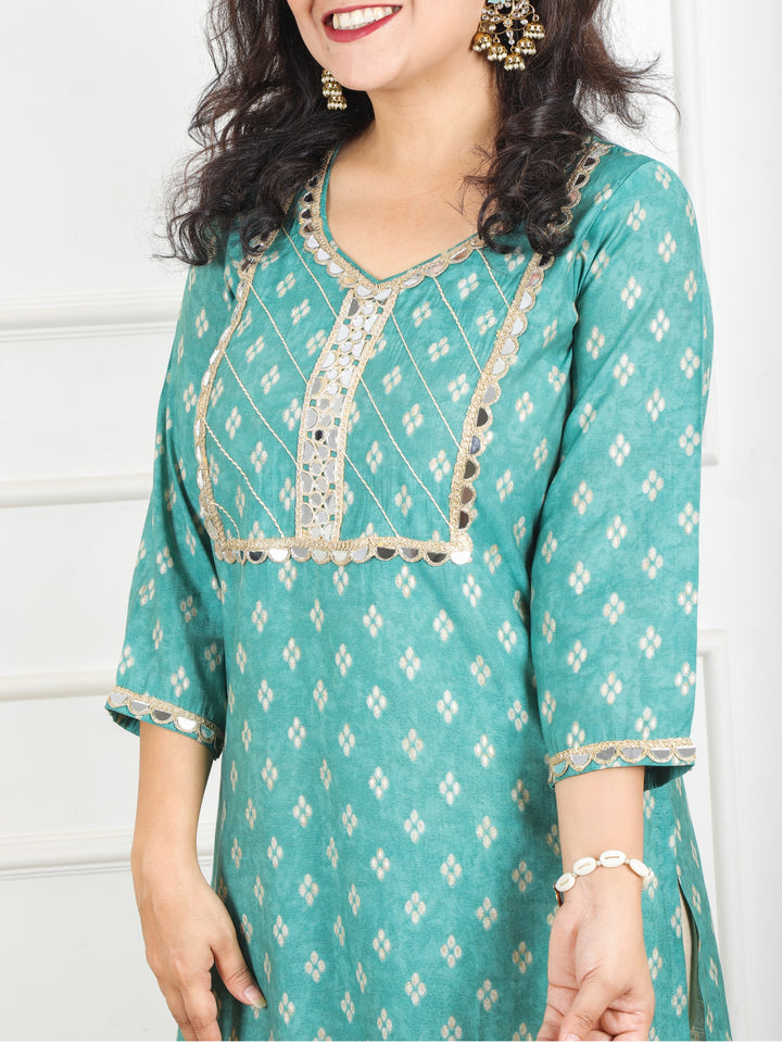Kashish Pale Cyan Teal Mirror Work Lace Yoke in Foil Work Printed Modal Kurti
