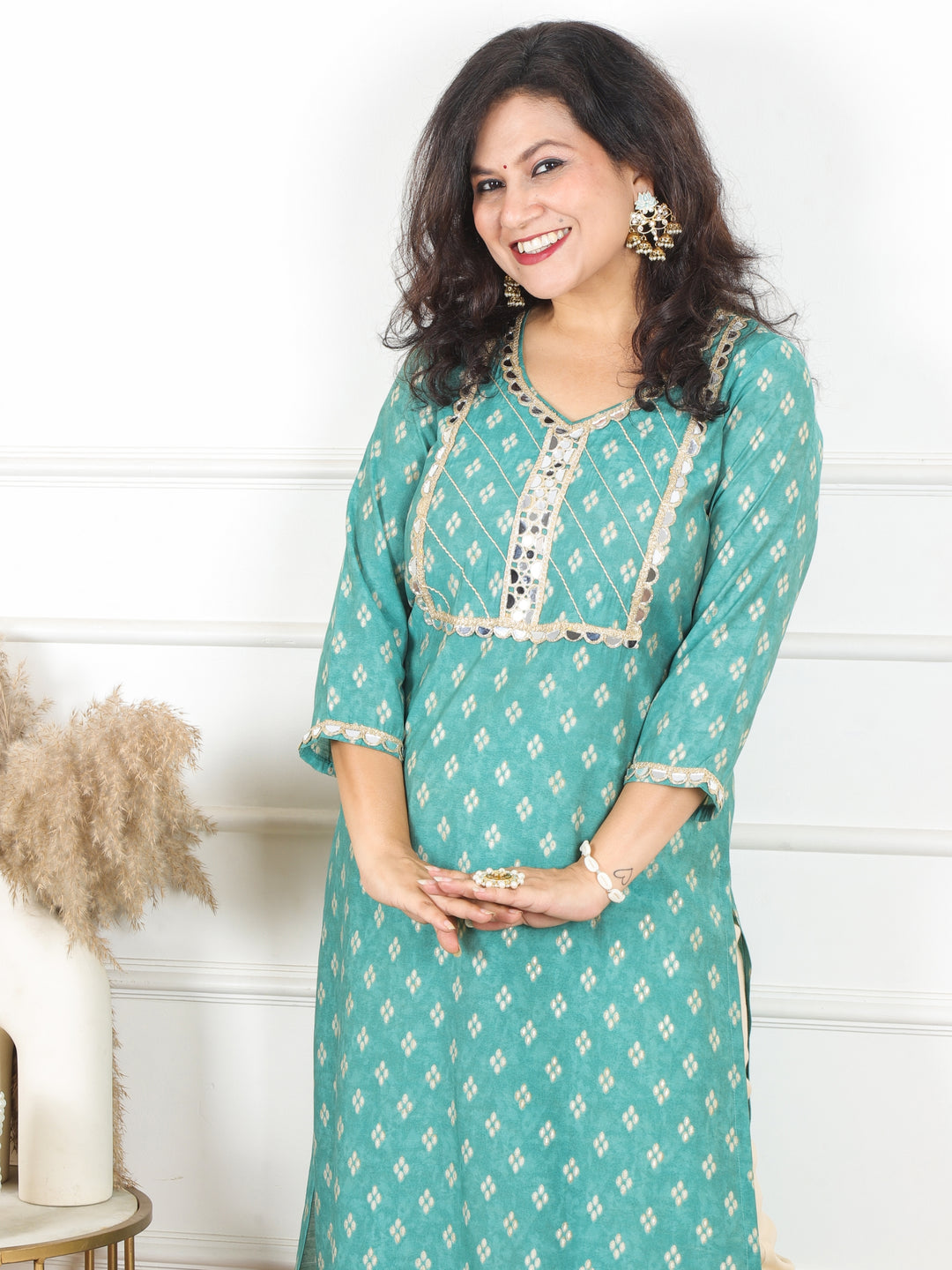 Kashish Pale Cyan Teal Mirror Work Lace Yoke in Foil Work Printed Modal Kurti