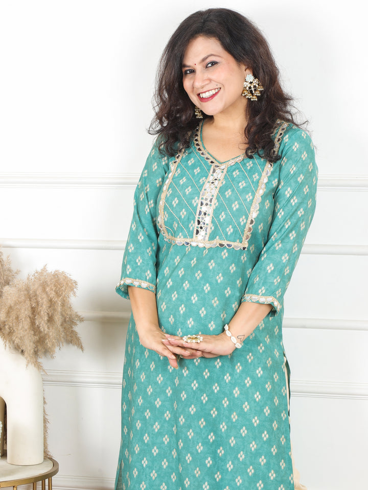 Kashish Pale Cyan Teal Mirror Work Lace Yoke in Foil Work Printed Modal Kurti