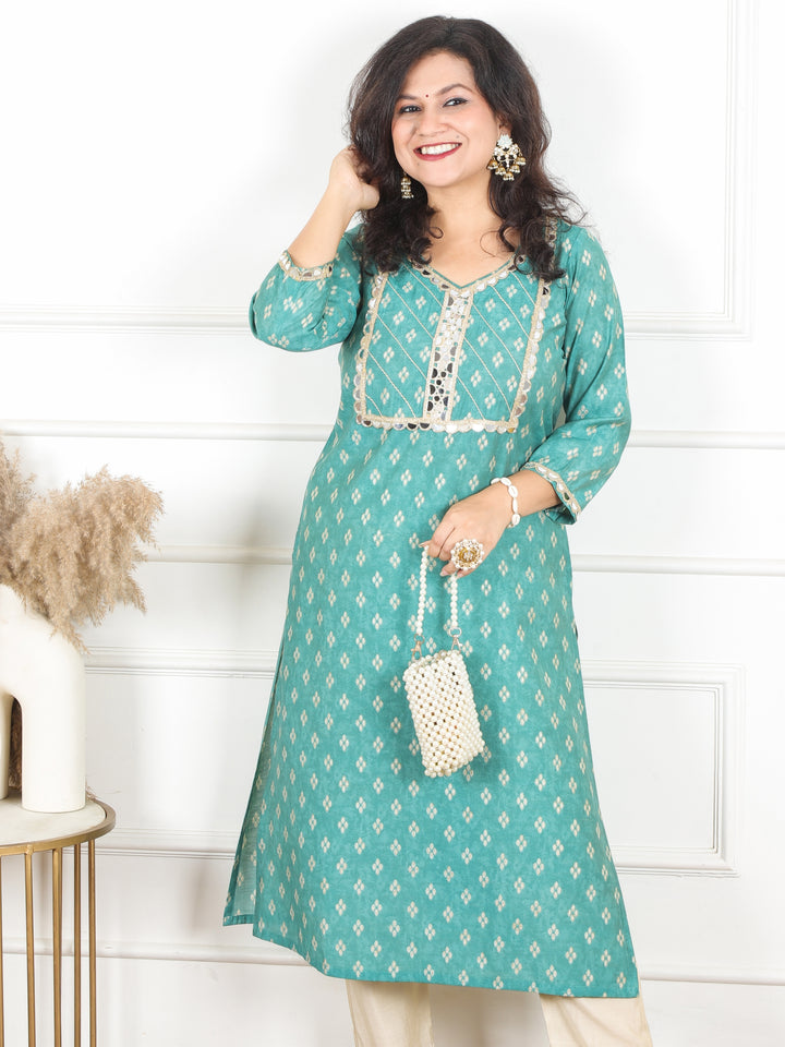 Kashish Pale Cyan Teal Mirror Work Lace Yoke in Foil Work Printed Modal Kurti