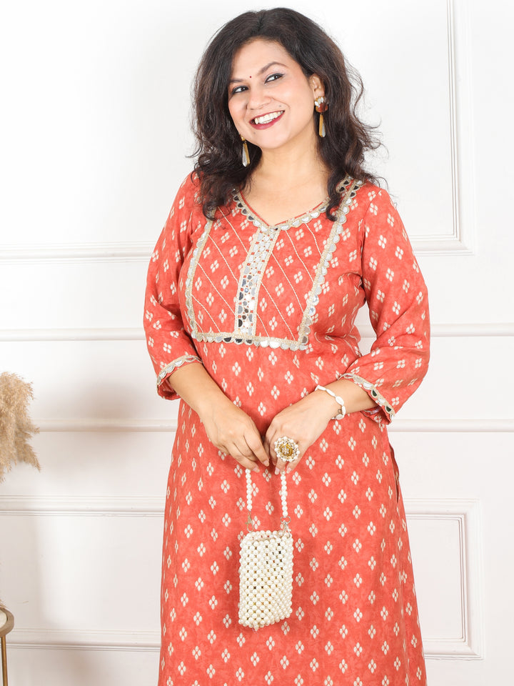 Kashish Soft Peach Mirror Work Lace Yoke in Foil Work Printed Modal Kurti