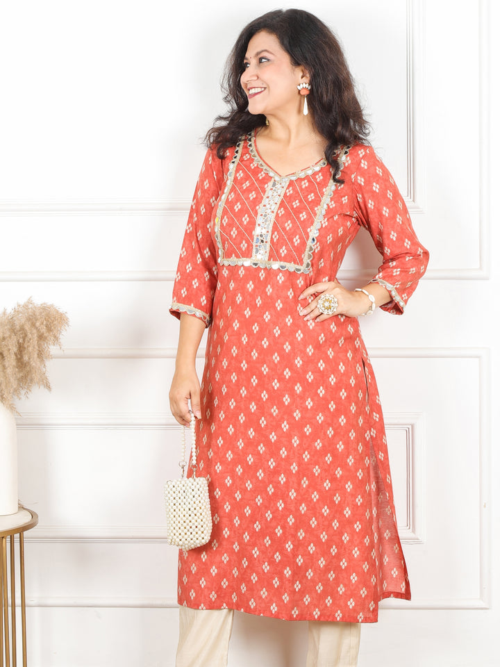 Kashish Soft Peach Mirror Work Lace Yoke in Foil Work Printed Modal Kurti