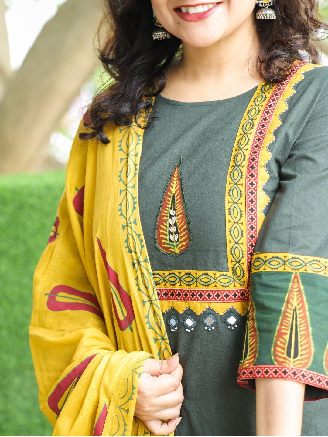 Halchal Sacramento Green Leaf Print Yoke with Thread Work Cotton 3 Piece Set