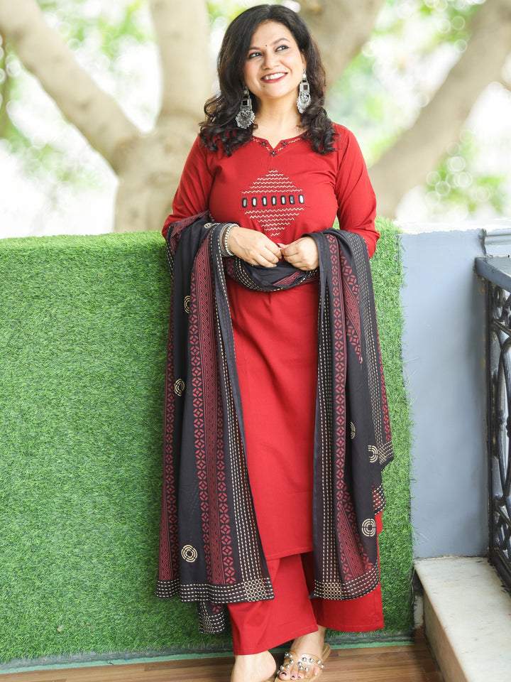Halchal  Cherry Red Kantha Detailing Work with Mirror Cotton 3 Piece Set