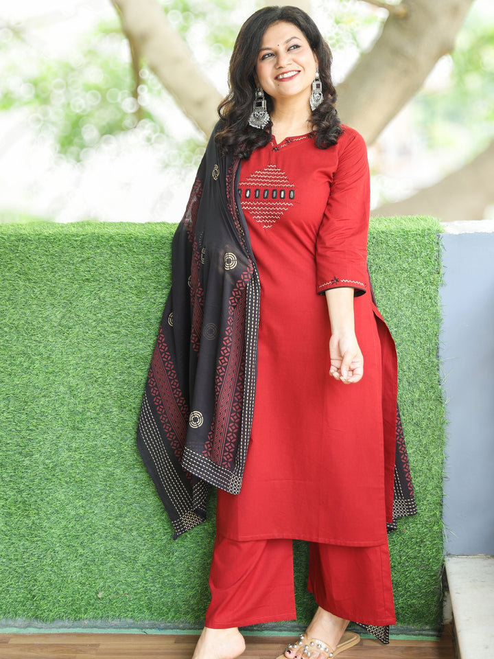 Halchal  Cherry Red Kantha Detailing Work with Mirror Cotton 3 Piece Set