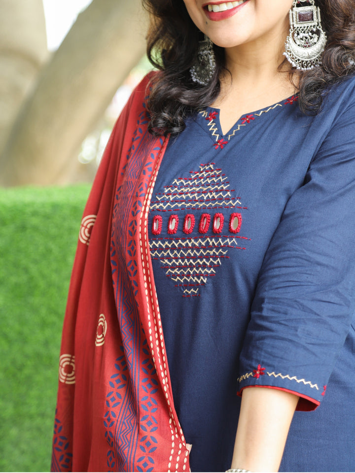Halchal Royal Blue Kantha Detailing Work with Mirror Cotton 3 Piece Set