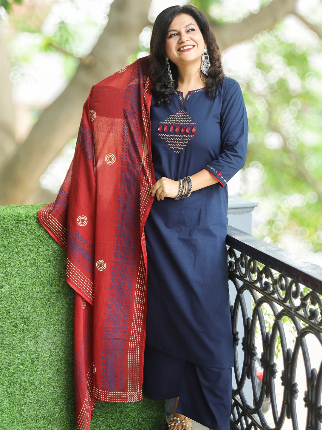 Halchal Royal Blue Kantha Detailing Work with Mirror Cotton 3 Piece Set
