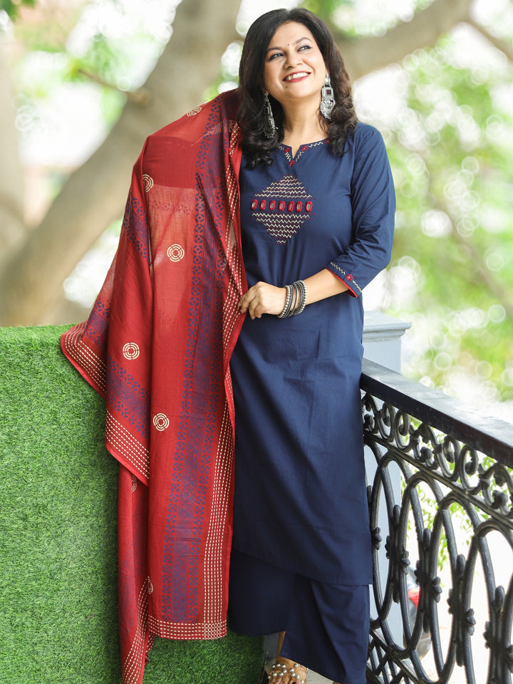 Halchal Royal Blue Kantha Detailing Work with Mirror Cotton 3 Piece Set