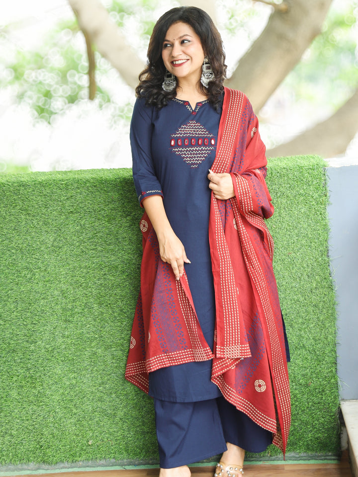 Halchal Royal Blue Kantha Detailing Work with Mirror Cotton 3 Piece Set