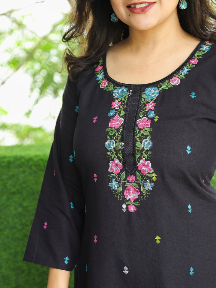 Blissta Ebony Black All Over Cross-Stitch Thread Embroidered Work Cotton Kurti-D1