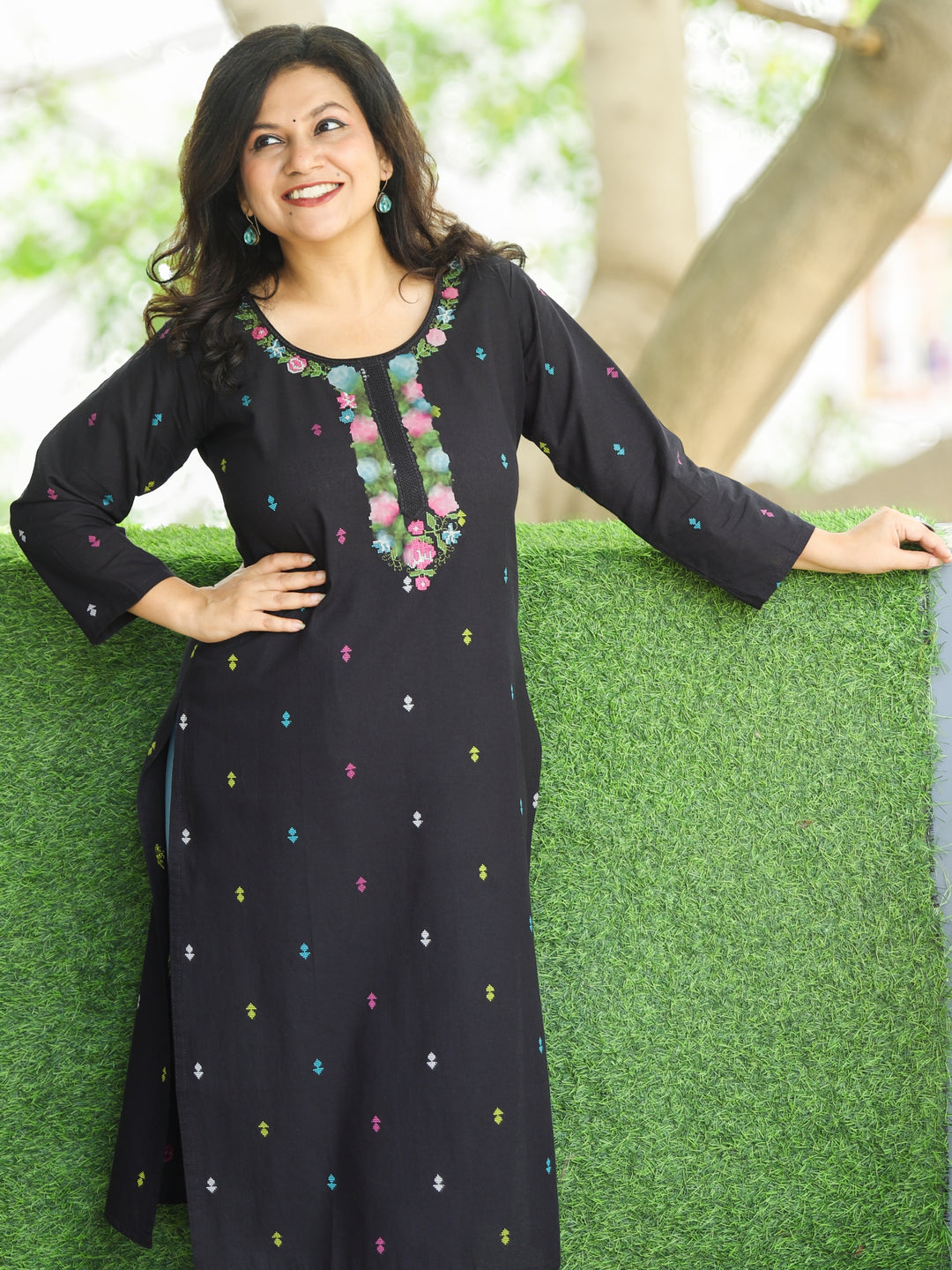 Blissta Ebony Black All Over Cross-Stitch Thread Embroidered Work Cotton Kurti-D1