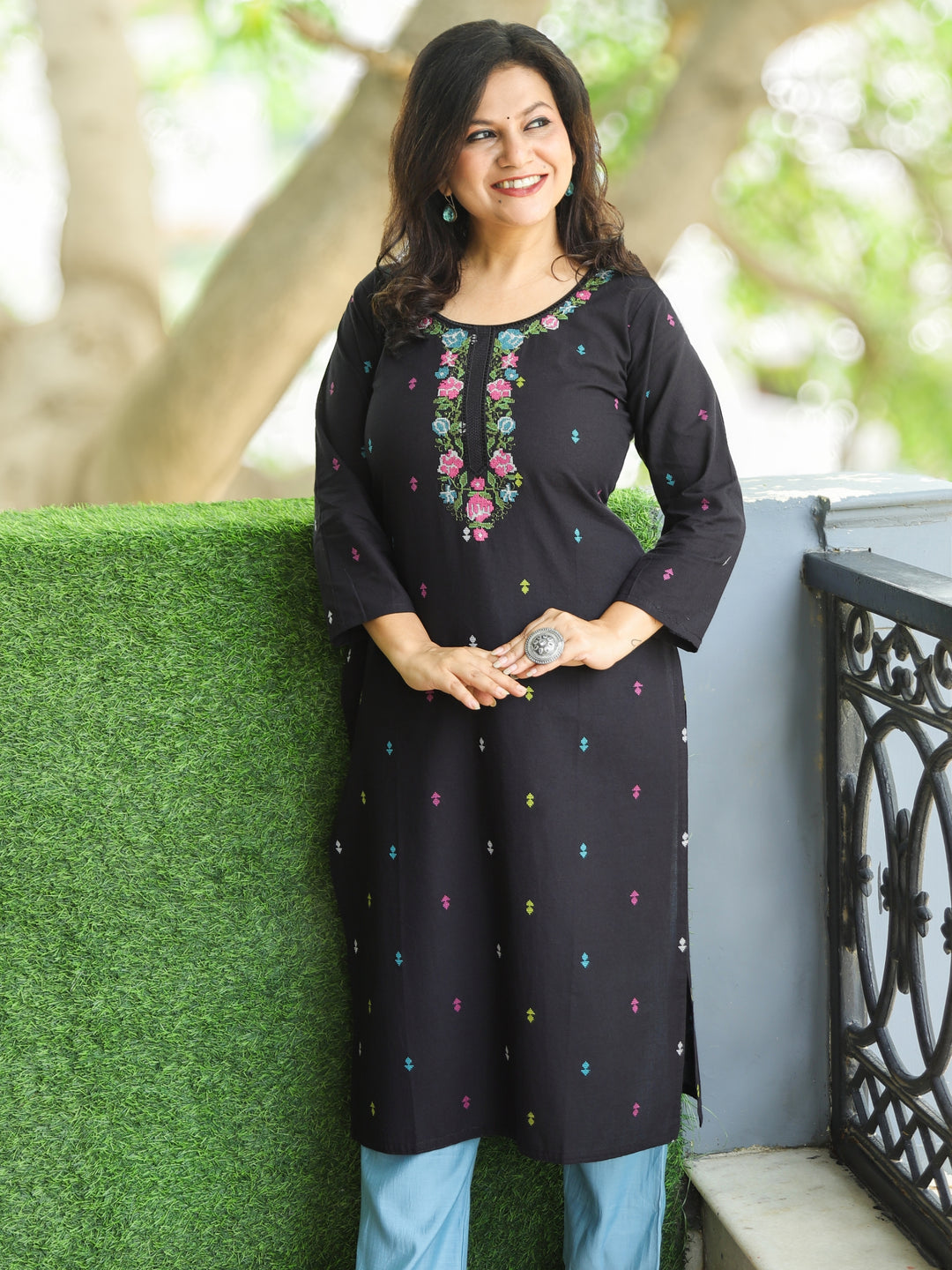 Blissta Ebony Black All Over Cross-Stitch Thread Embroidered Work Cotton Kurti-D1