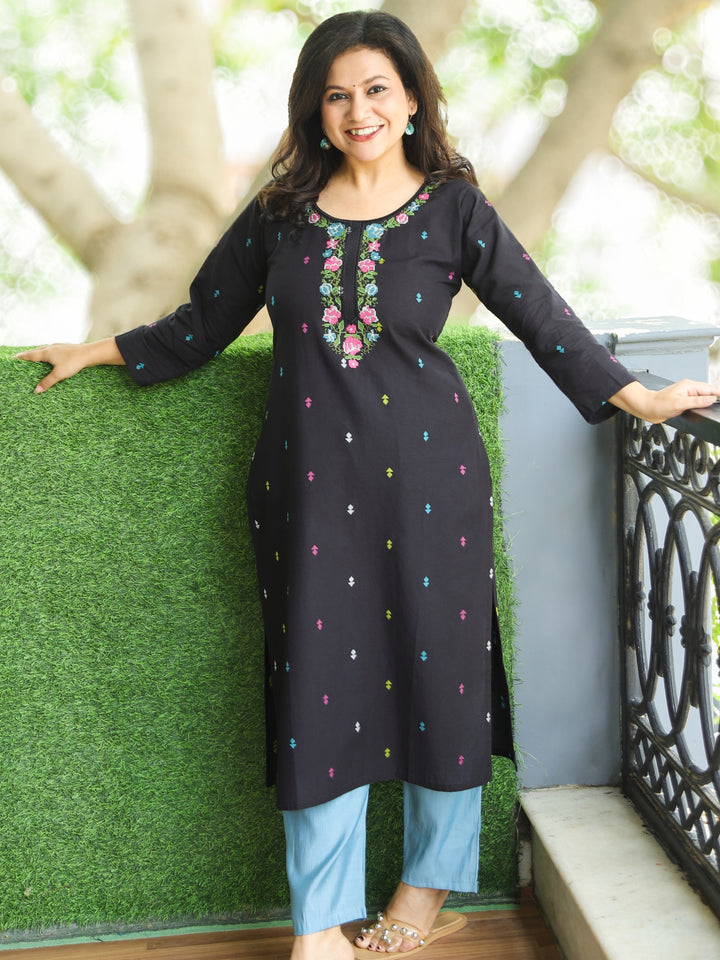 Blissta Ebony Black All Over Cross-Stitch Thread Embroidered Work Cotton Kurti-D1