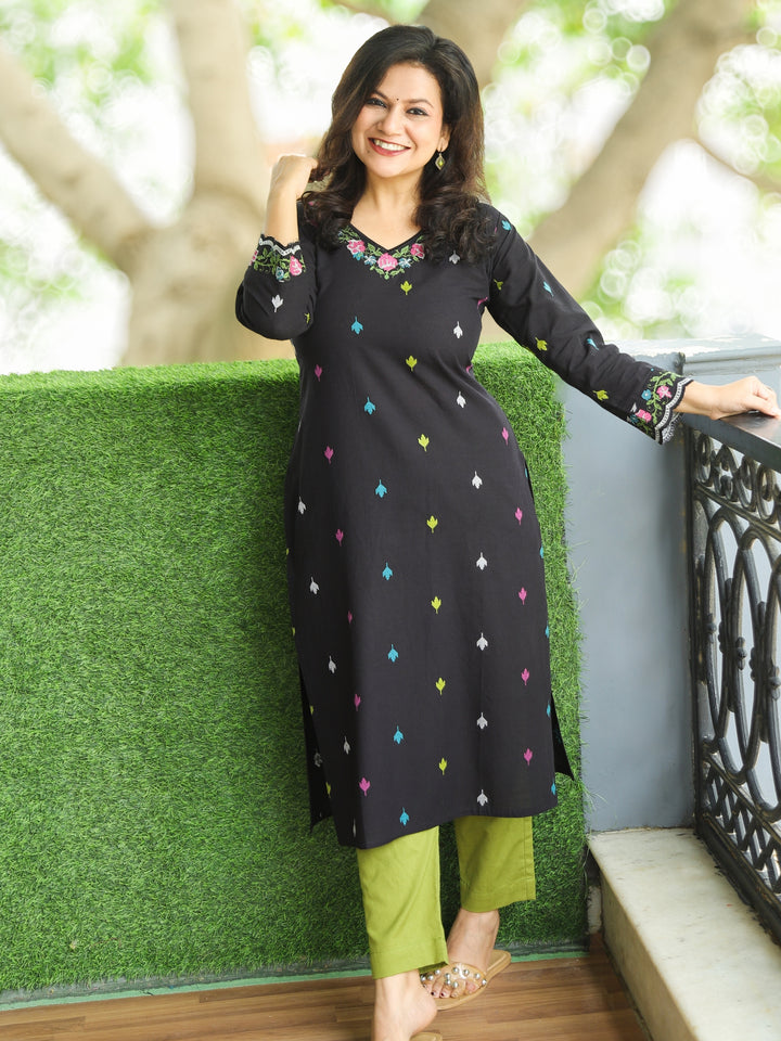 Blissta Ebony Black All Over Cross-Stitch Thread Embroidered Work Cotton Kurti-D2