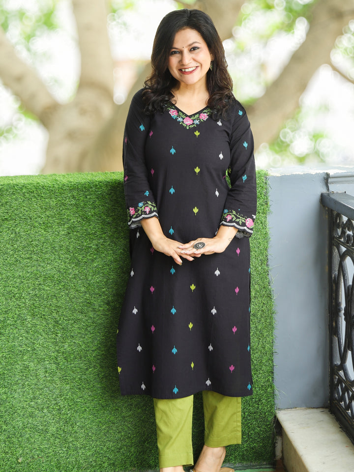 Blissta Ebony Black All Over Cross-Stitch Thread Embroidered Work Cotton Kurti-D2