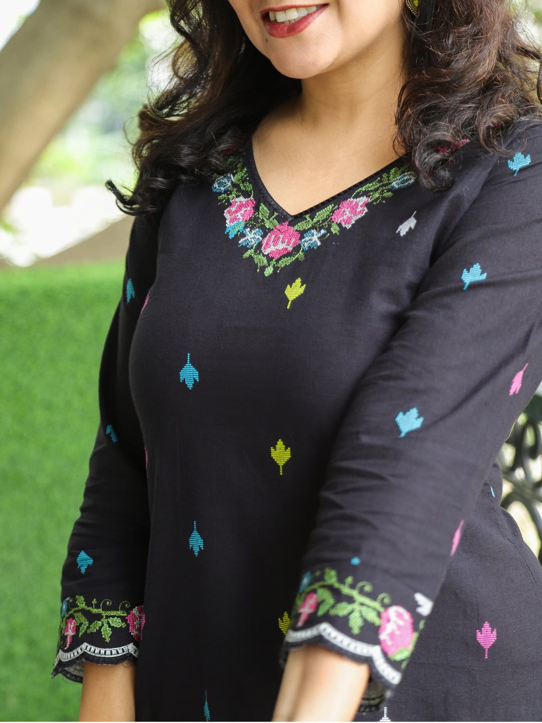Blissta Ebony Black All Over Cross-Stitch Thread Embroidered Work Cotton Kurti-D2