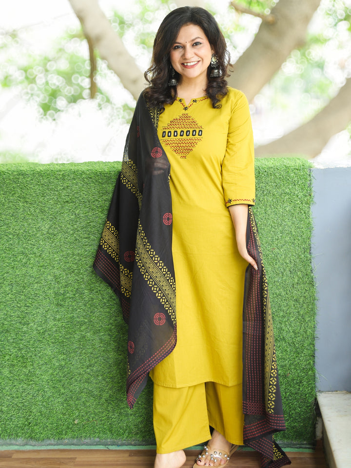 Halchal Dandelion Yellow Kantha Detailing Work with Mirror Cotton 3 Piece Set