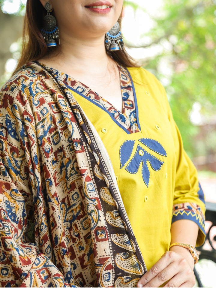 Patang Dijon Yellow Kalamkari Patch on V Neck with Applique Work Cotton 3 Piece Set