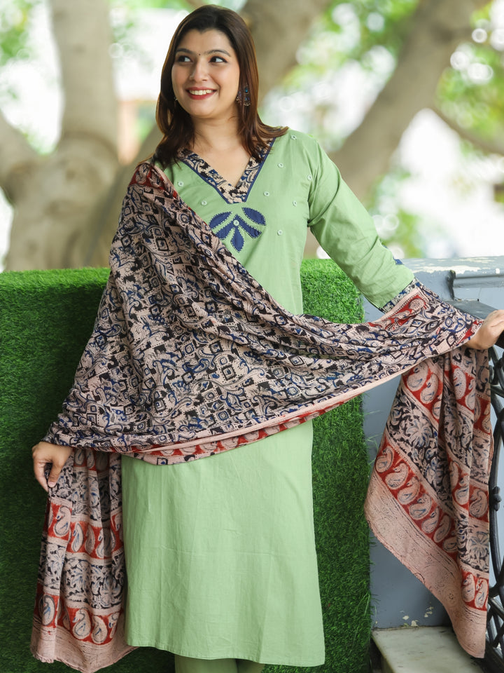 Patang Sage Green Kalamkari Patch on V Neck with Applique Work Cotton 3 Piece Set